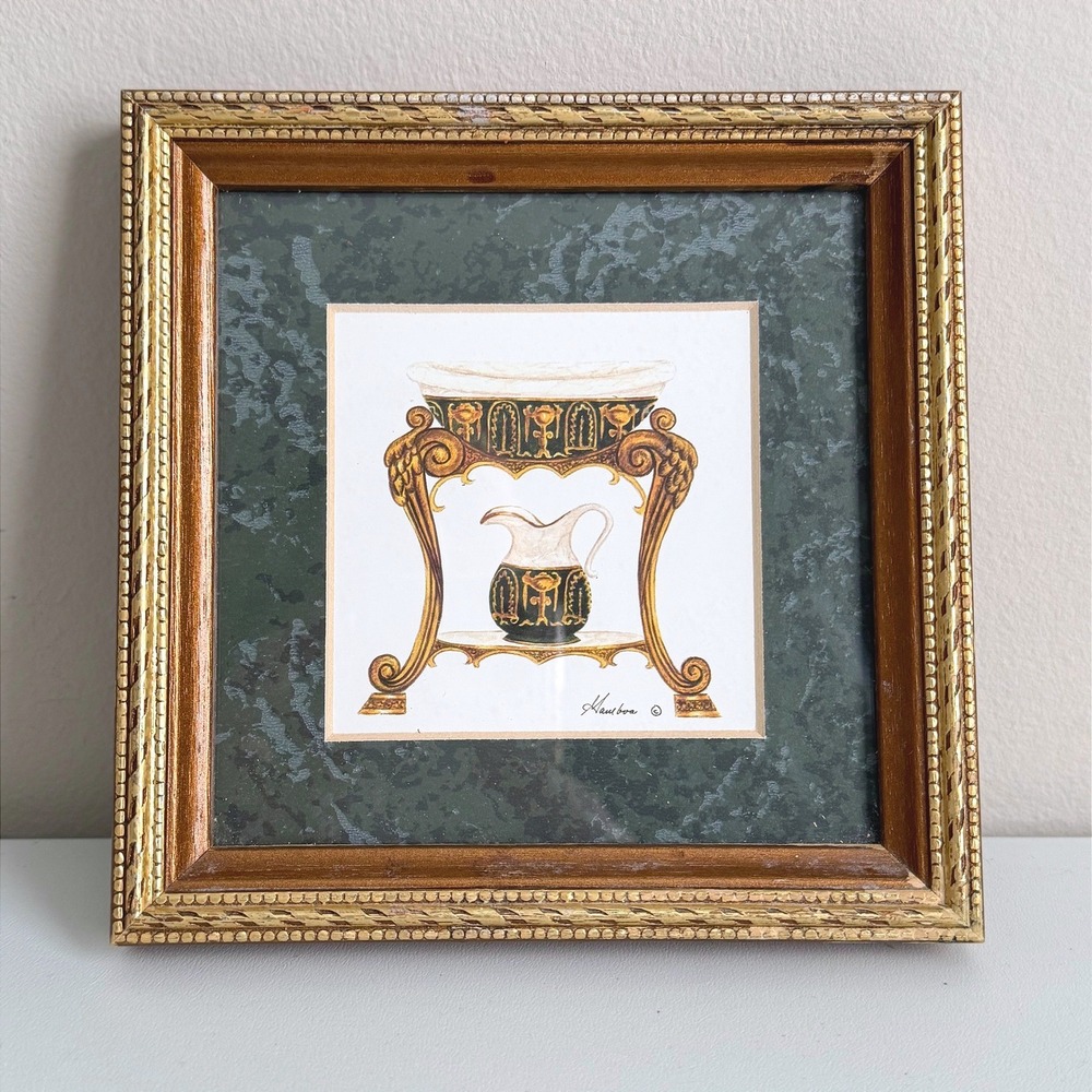 Vintage Consuelo Gamboa Art Print - Ornate Wash Basin & Pitcher Gold Frame 6x6"